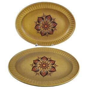 Herbert Aynsley Retro Stoneware Brown Floral Medallion Platters Dragon Gold Vtg